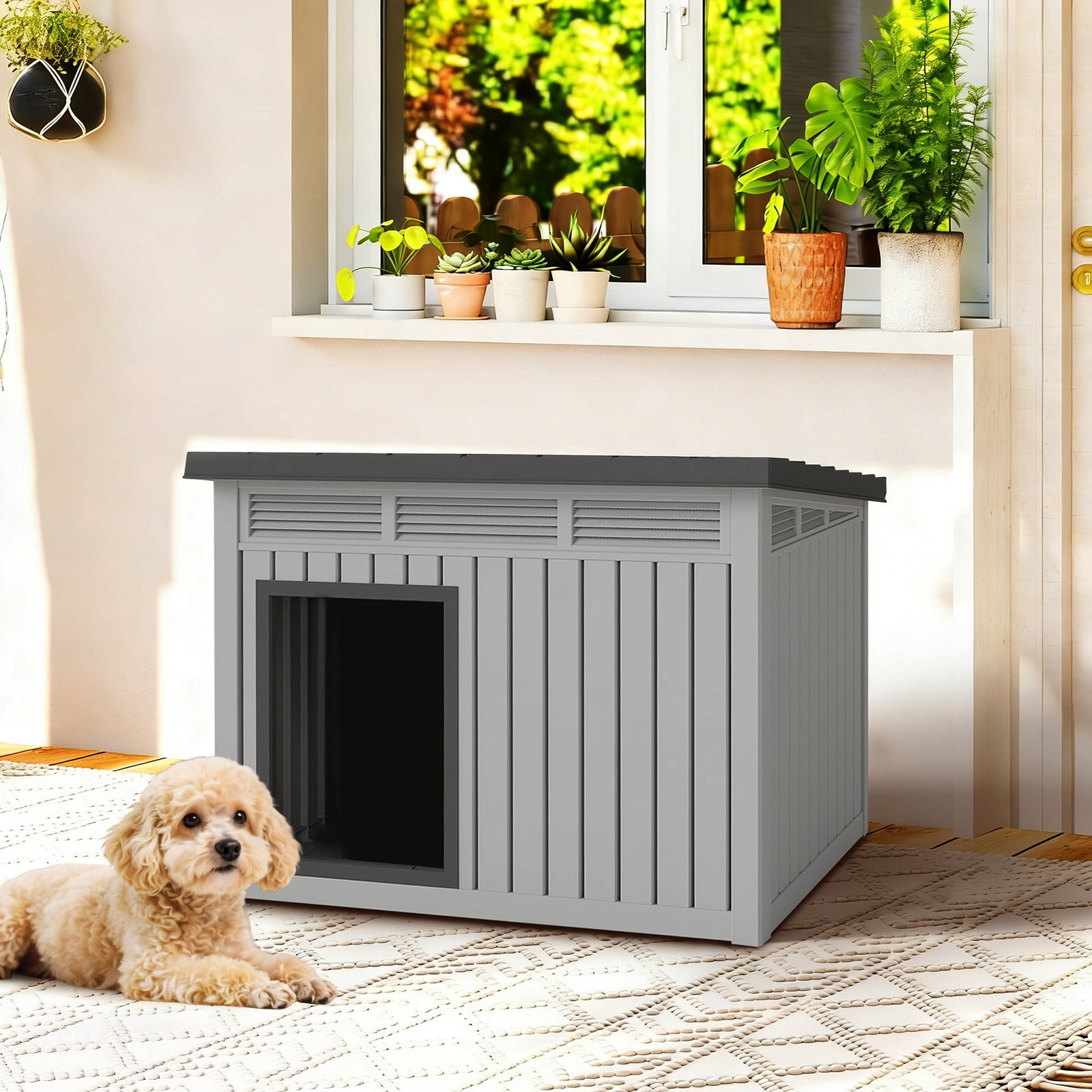 FOMIYES Weatherproof Dog House for Outdoor Indoor Pets - Large Plastic Pet House with Slanted Top Roof - Waterproof Shelter for Small Medium Dogs, 32.20x25.12x24.13in, Multi