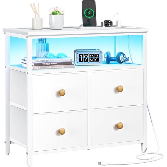 Wide Night Stand with Charge Station, LED Nightstand with 4 Drawers
