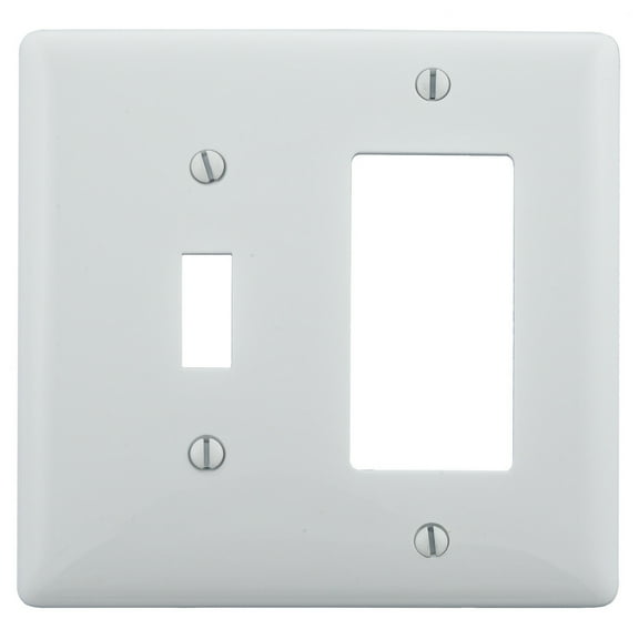 Hubbell Bryant Electric NP126W 2-Gang 1 Toggle 1 Decorator/GFCI Wall Plate, White Residential Grade, standard size measuring 4.63"h x 4.68"w Nylon wall plate is virtually unbreakable