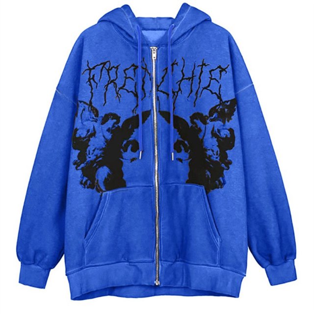 IROINID Veste à Capuche Mi-Longue pour Femmes, Fermeture Éclair, Manches Longues, Automne, Gothique Foncé, Décontractée, Bleue