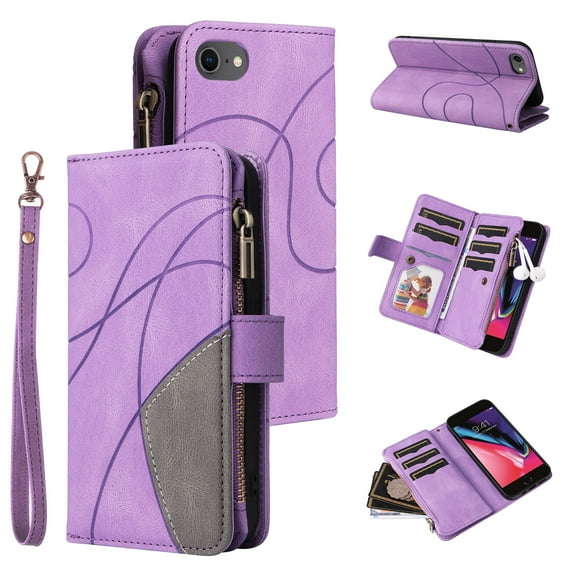 Multifunctional Case for iPhone 7, iPhone 8, iPhone SE 2020 & SE 2022,[RFID Blocking] 9 Credit Cards Holder with Wrist Strap, Premium PU Leather Zipper Wallet Purse Magnetic Flip Phone Cover, Purple