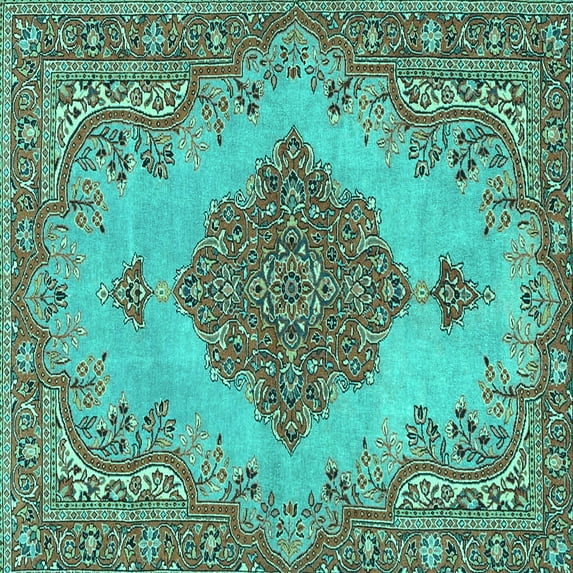 Ahgly Company Machine Washable Indoor Square Persian Turquoise Blue Traditional Area Rugs, 3' Square