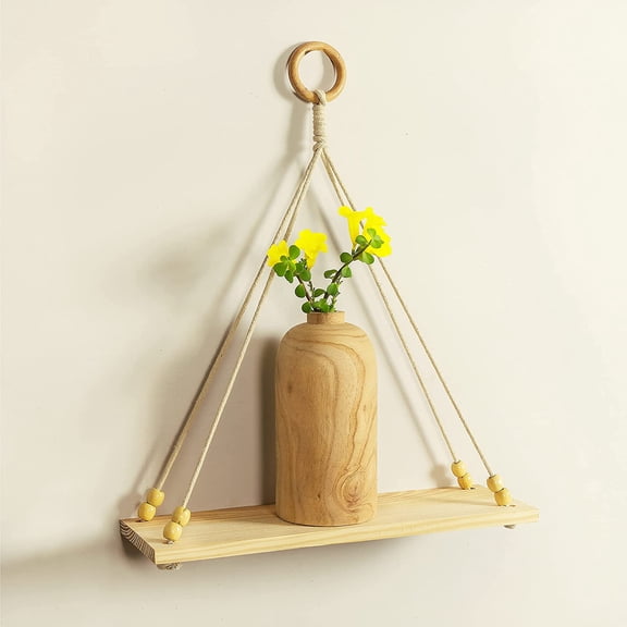 FineArt Wall Hanging Shelf Wood Floating Boho Shelves with Wooden Rings Modern Chic Hand Woven Tapestries Art Home Decor for Living Room Dorm Bedroom Nursery Beige 48 x 41 cm