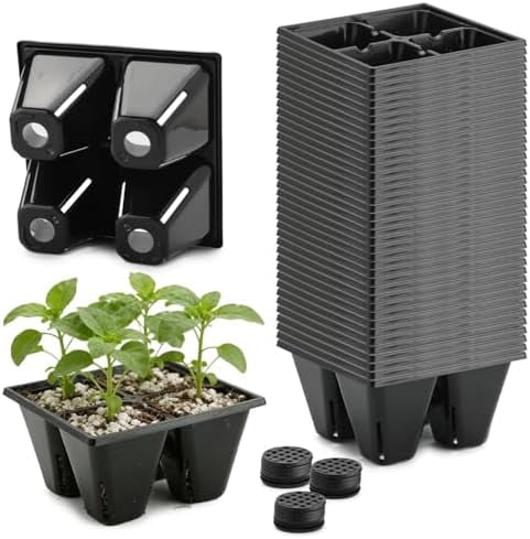 RibRave 40 Pack Reusable 4-Cell Seed Starter Tray for Seedlings, Deep Large Cell Plant Starter Trays with Drainage Holes for Seed Germination, Easy Transplant, Fits Standard 1020 Flats, Black