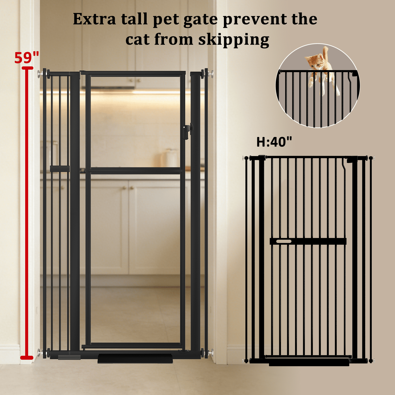 59" Extra Tall Clear Pet Gate, 29"-37" Adjustable Pressure Mounted Dog Cat Barrier Black