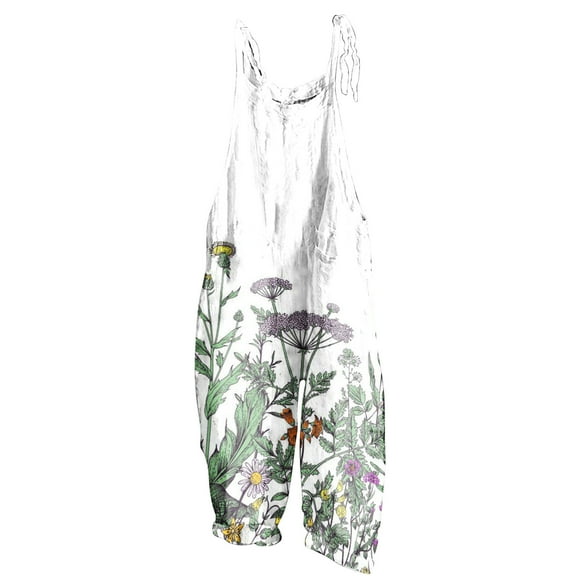clear 50% off Usmixi Jumpsuits for Women Comfy Cotton Linen Ladies Casual Loose Baggy Wide Leg Pocket Strap Jumpsuits Overalls Summer Formal Leaves Print Round Neck Sleeveless Long Rompers White m