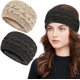 thumbnail image 2 of Paquete de 2 diademas de invierno para mujer, color gris oscuro y beige, diadema elástica de punto con lunares coloridos, diadema calentadora de orejas con forro de felpa, 2 of 5
