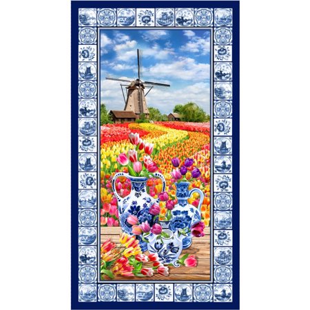 24" X 44" Panel Tulip Field Panel Dutch Windmill Flowers Vases Michael Miller Fabrics Cotton Fabric Panel (DCX12233-MULTI-D)