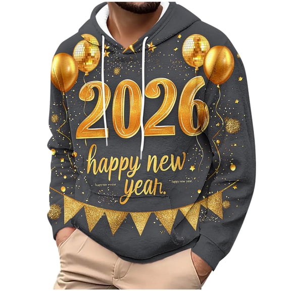 Happy New Year Celebrations Hoodie for Men Flannel Long Sleeve Sweatshirts Holiday Sweater Outfits