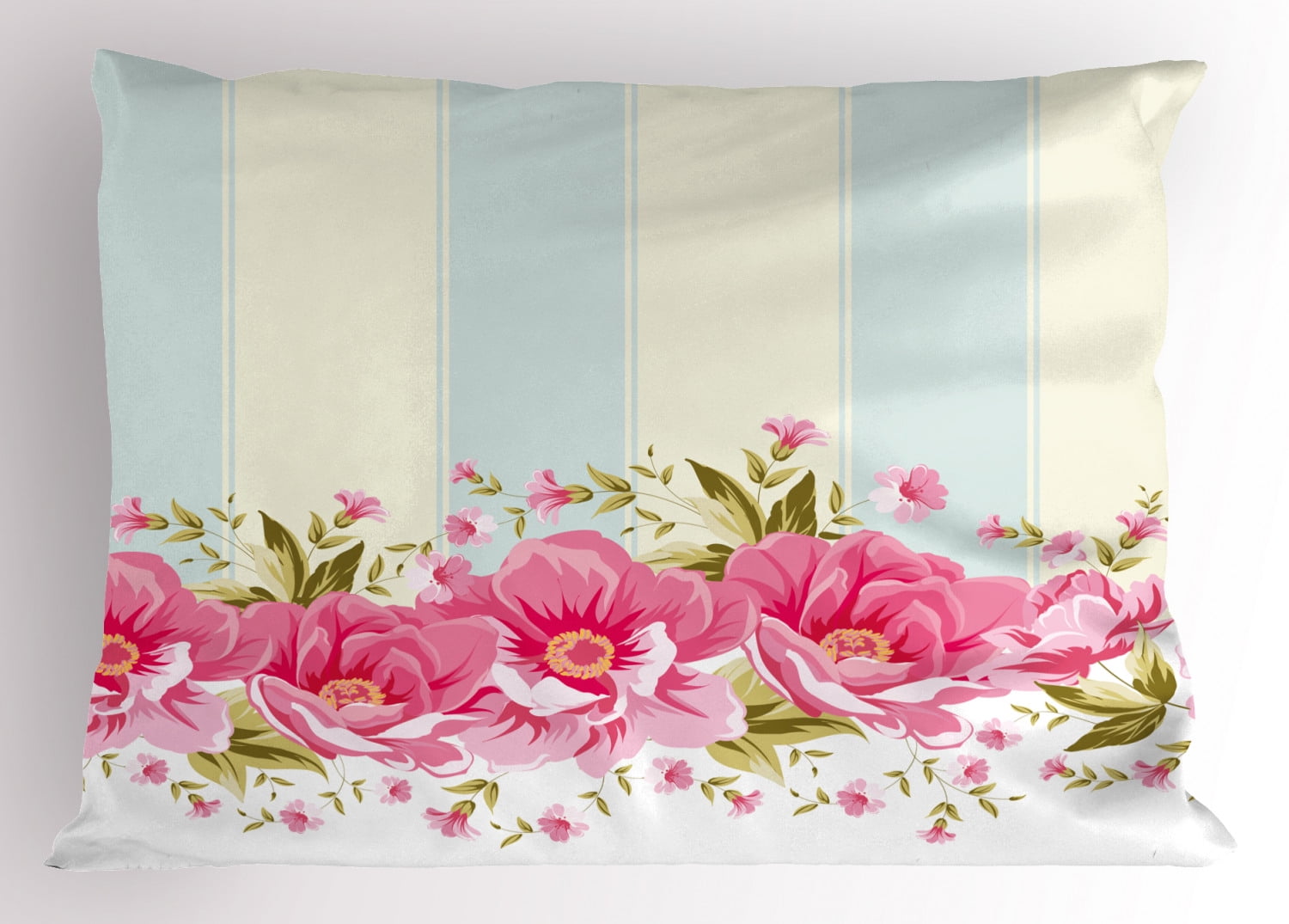 Vintage Pillow Sham Pink Peony Border on Vertical Striped Tile Bridal