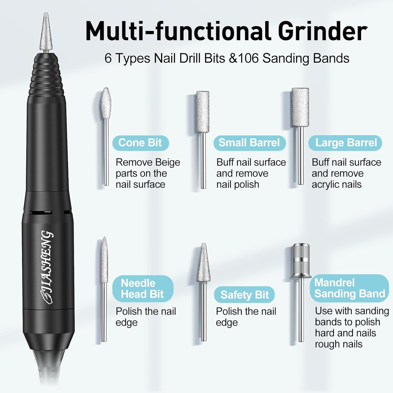 20000 RPM Electric Nail Drill with 6 Bits & 100 Sanding Bands, Low Noise Operation for Manicure, Pedicure & Nail Art