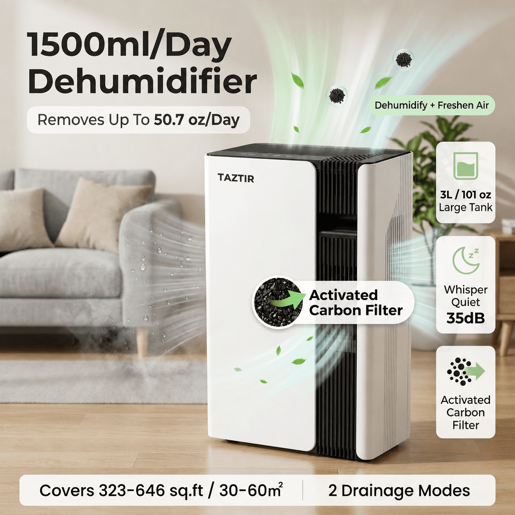 Quiet Dehumidifier For Bedroom 3L Tank, Up To 1500ML/Day Moisture Removal For Home, Basement Bathroom Living Room, 30-60㎡ Coverage, 2 Drainage Modes, Sleep Mode, Timer, Smart Touch Control