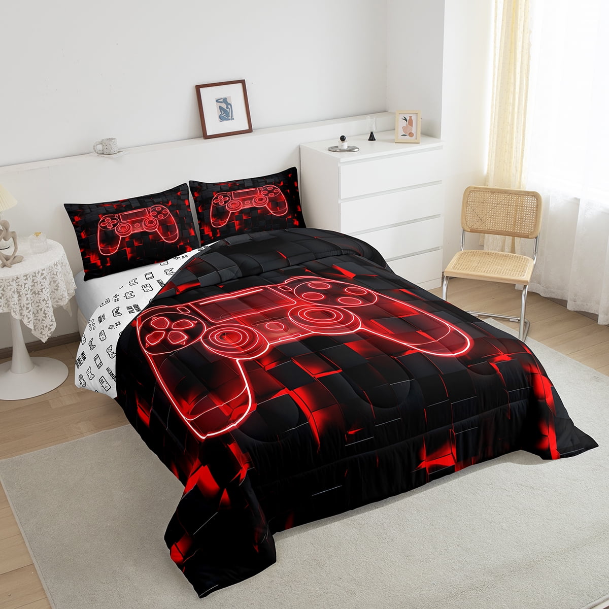 Gaming-Bettwäsche-Set Für Jugendliche – Mit Neon-Gamepad-Print, Spannbetttuch & Kissenbezügen