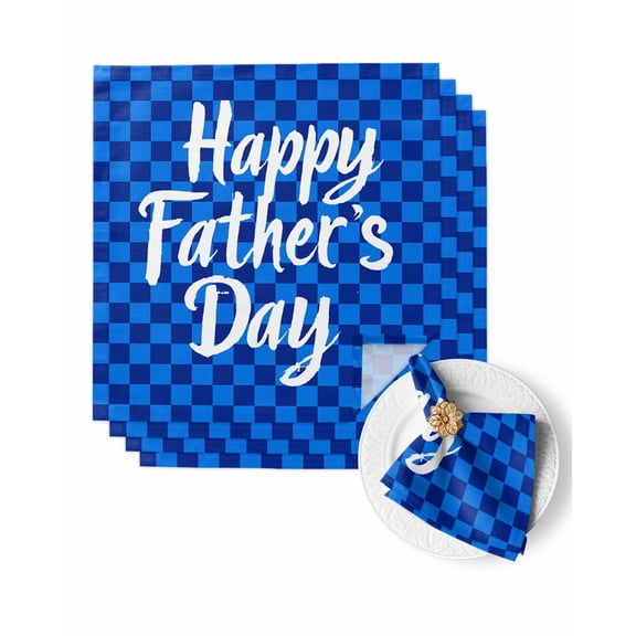 Cloth Napkins Happy Father's Day White Text Buffalo Washable Soft Kitchen Dinner Napkin Set of 4,Blue Checkered Plaid Reusable Cocktail Napkins for Wedding Holiday Party Event,20x20In
