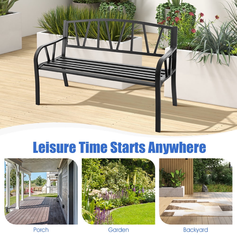 Aimee Lii Patio Garden Bench with Metal Frame and Slatted Seat, Outdoor Patio Furniture, Black