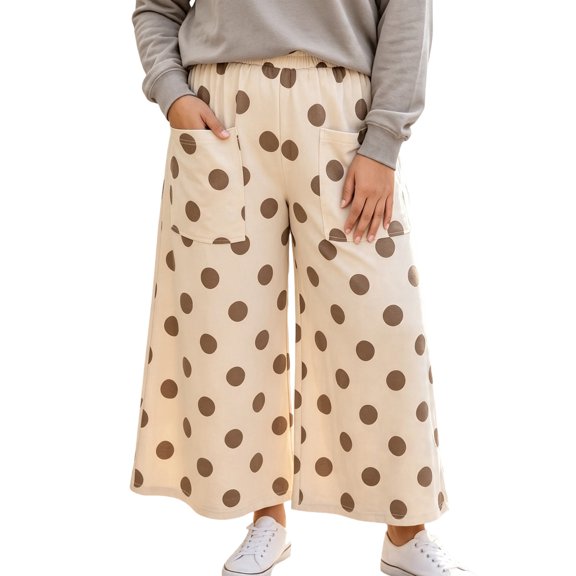 Stralyhd Womens Polka Dots Pants Casual Loose Wide Leg Flowy Pants Elastic Waisted Beach Travel Work Trousers with Pockets Beige XXL