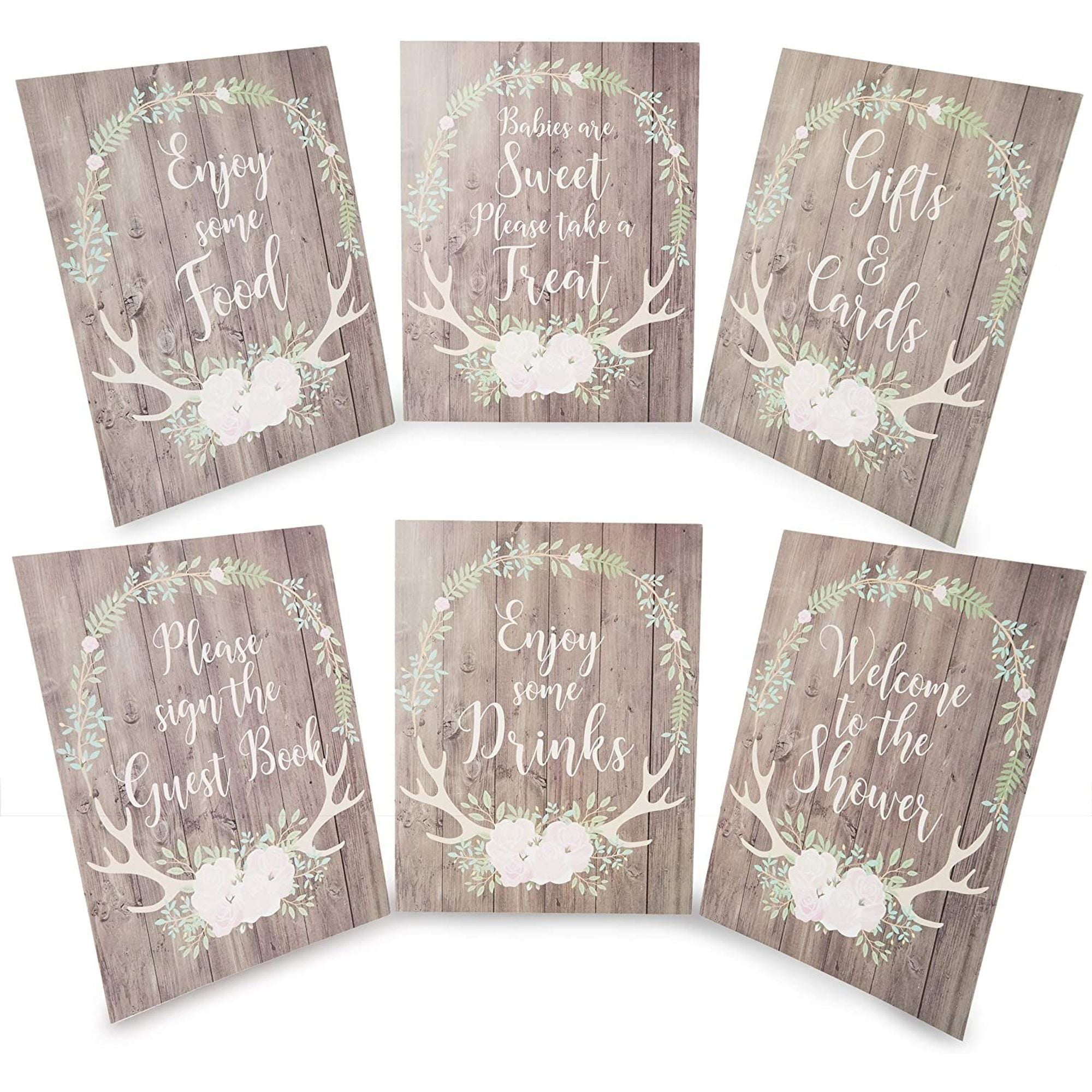 Set of 6 Rustic Floral Antlers Baby Shower Table Signs with Easel