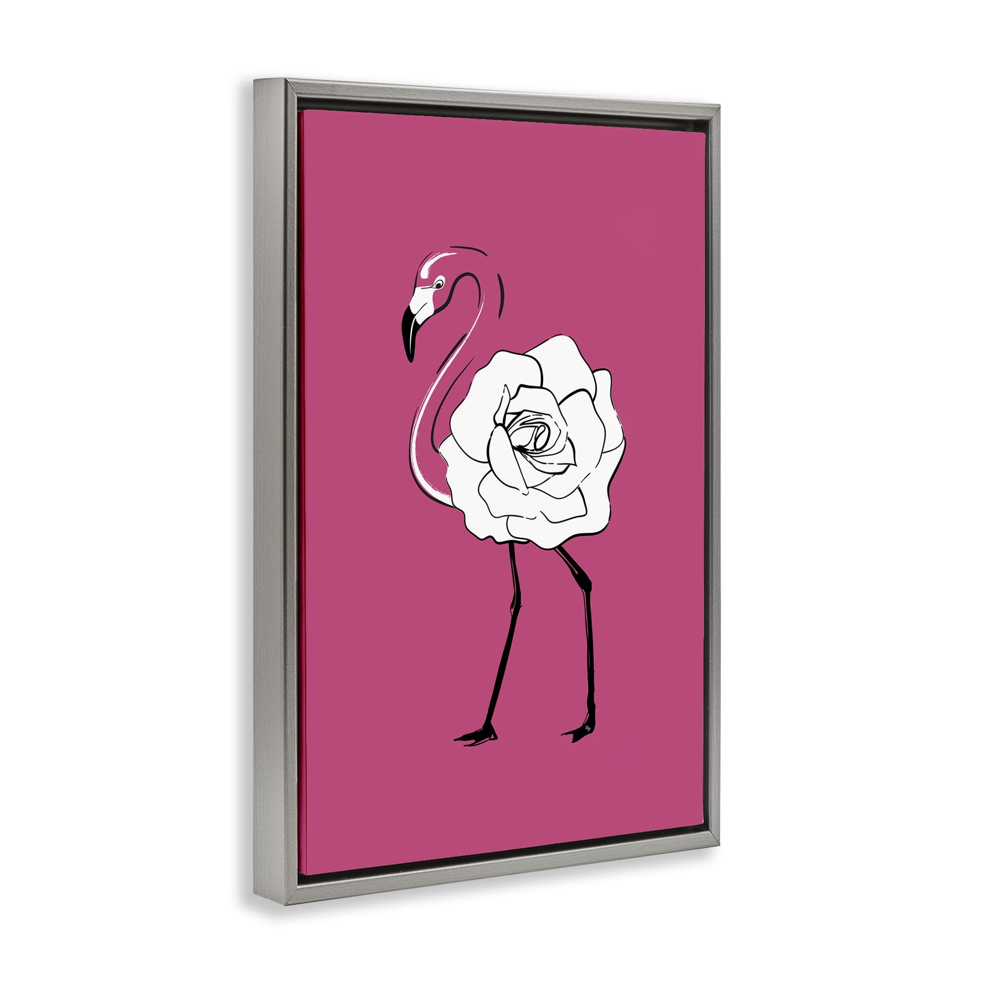 Stupell Industries Rose Blossom Flamingo Animals & Insects Painting Gray Floater Framed Canvas Art Print Wall Art, 21 x 31