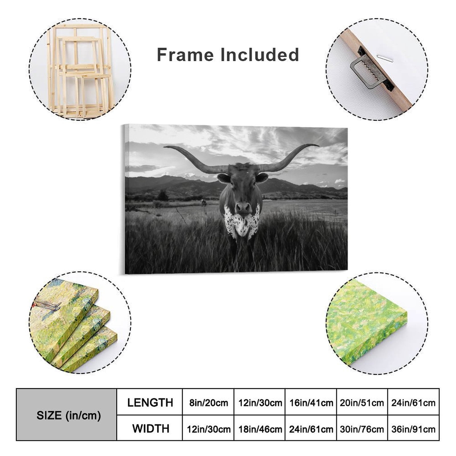YarnArtistry Black and White Texas Animal Canvas Wall Art Highland Cattle with Long Horns Picture Longhorn in Sunset Farm Painting for Home Decor Modern Living Room Decorations