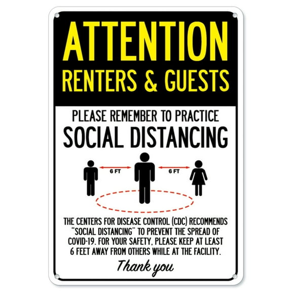SignMission OS-NS-A-1824-25402 Covid-19 Notice Aluminum Sign - Attention Renters & Guests Practice Social Distancing