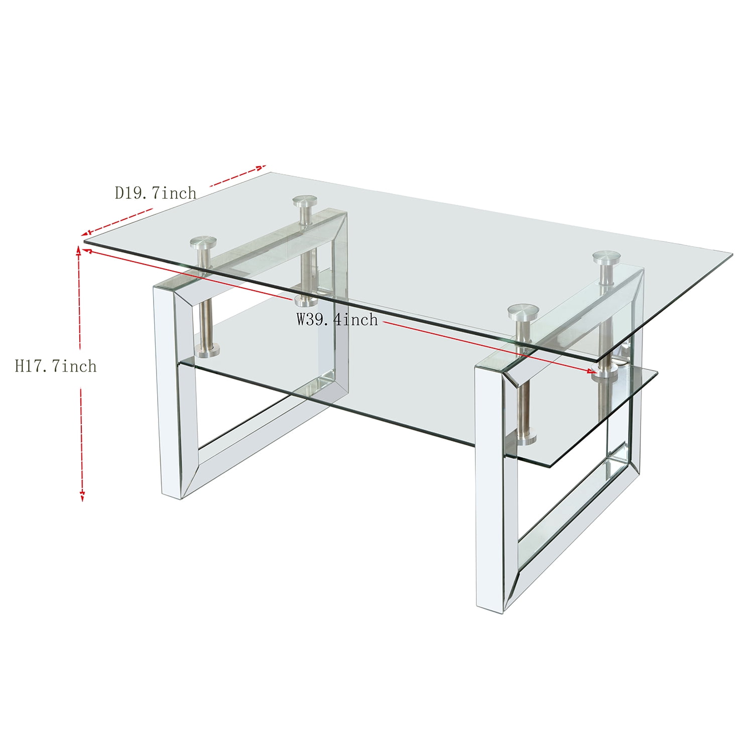 Kadyn Transparent Tempered Glass Coffee Table, Sofa Center Table with Lower Shelf and Metal Legs, Rectangle Tea Table for Living Room, Silver
