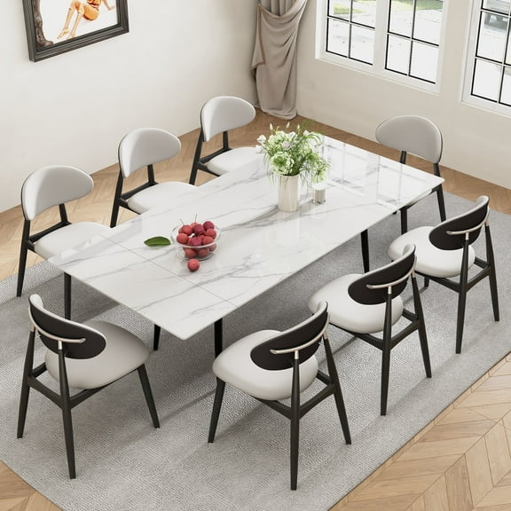 Etelifrank 62.9''-94.4'' Extendable Modern Rectangular Dining Table, Sintered Stone Top, Black Carbon Steel Legs