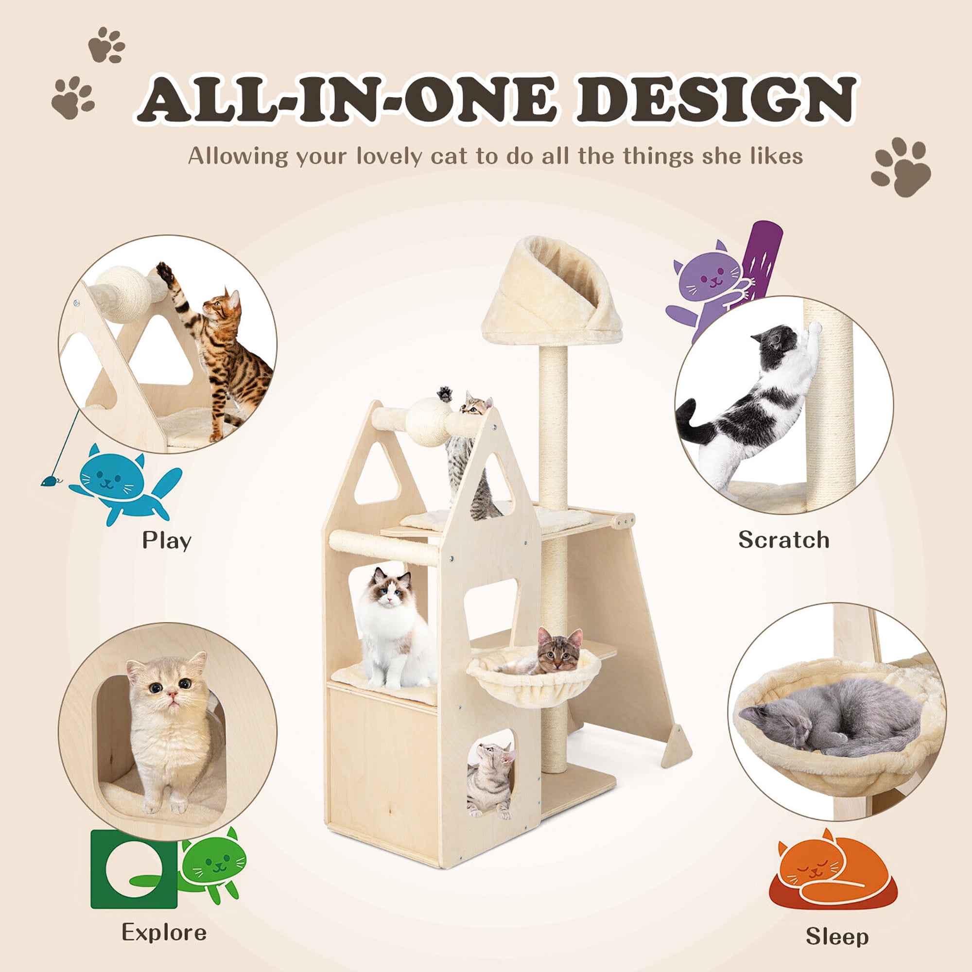 Gymax 52'' Tall Cat Tree w/ Scratching Post Ball & Board Plush Condo Padded Perch