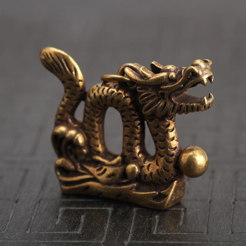 New Retro Brass Dragon Figurine Mini Statue Keychain Ornament Home Desk Decor 