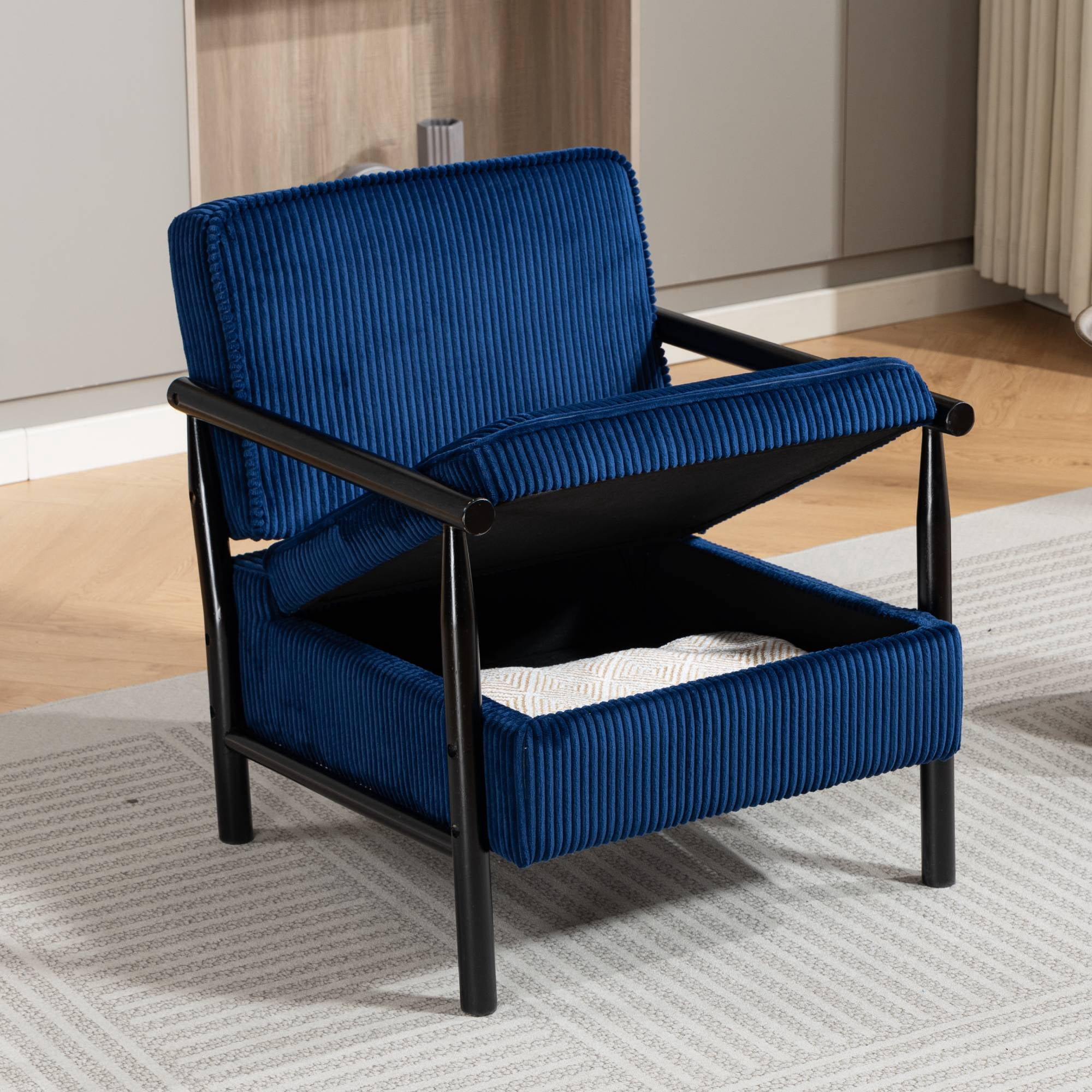 Mid-Century Accent Chair with Storage, Modern Comfy Reading Armchair with Lumbar Pillow for Living Room, Blue