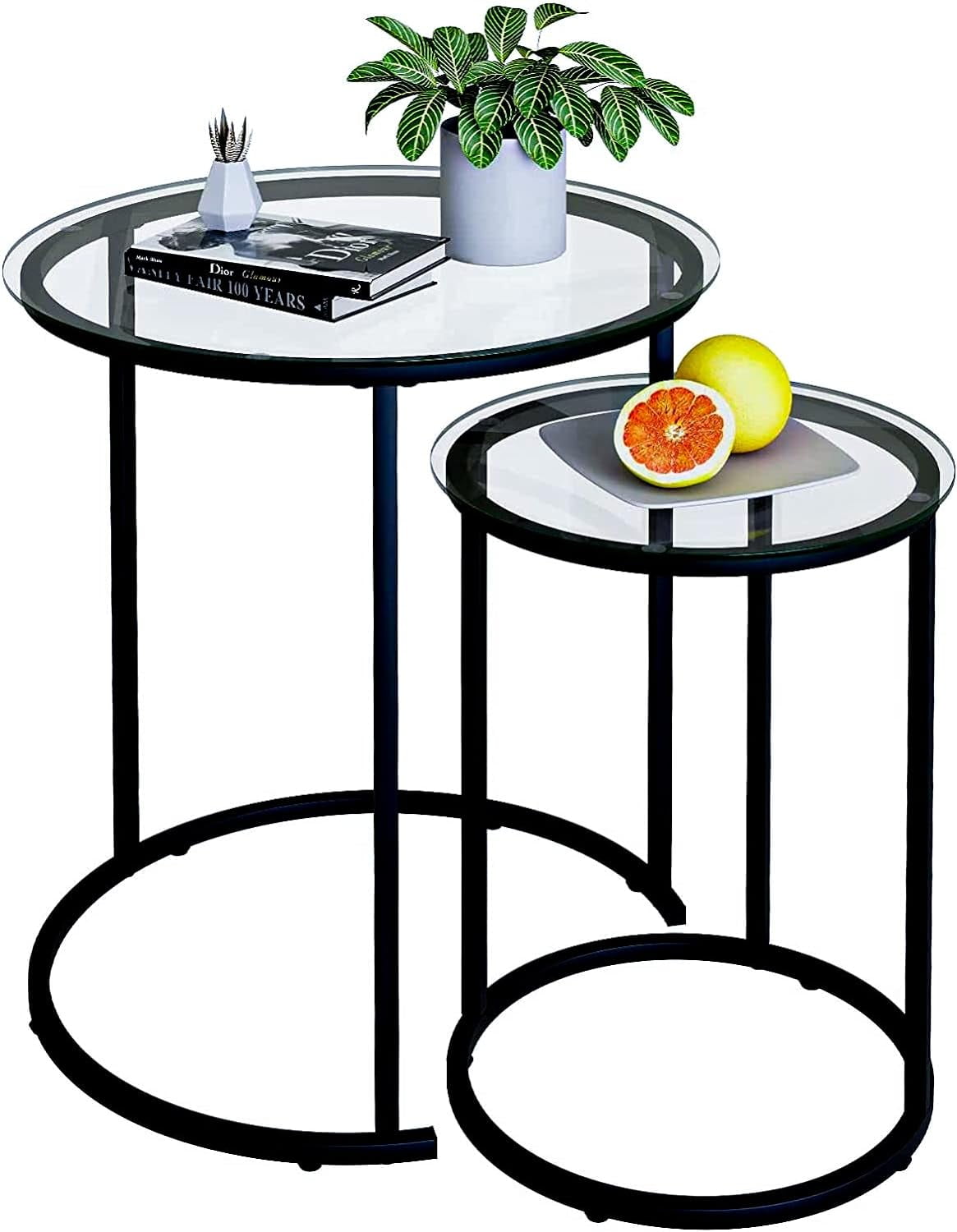 Nesting Coffee Table Set of 2,Modern Black Tempered Glass Side Table, Metal Frame Round End Table.Small Glass Tea Table for Living Room,Bedroom Studio Apartment Essentials,23.2In