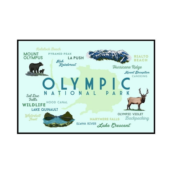 Olympic National Park - Typography & Icons - Lantern Press Artwork (36x24 Framed Gallery Wrapped Stretched Canvas)