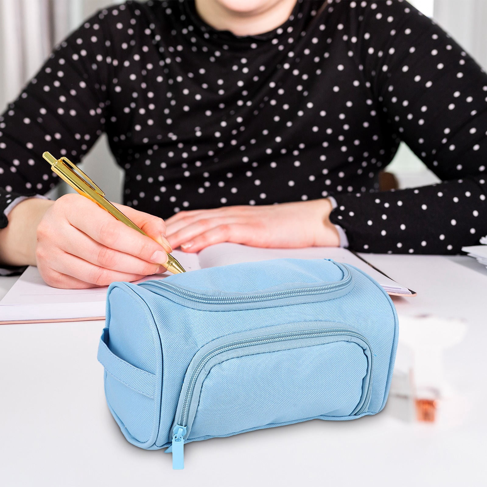 HengDidi Double-Layer Portable Pencil Bag with Side Storage and Carry Handle, Oxford Fabric Organizer for Stationery and Small Accessories