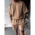 thumbnail image 6 of Men's Sets Crew Neck Set Pockets 2 Piece Shirt Shorts Outfit for Summer Khaki S, 6 of 7
