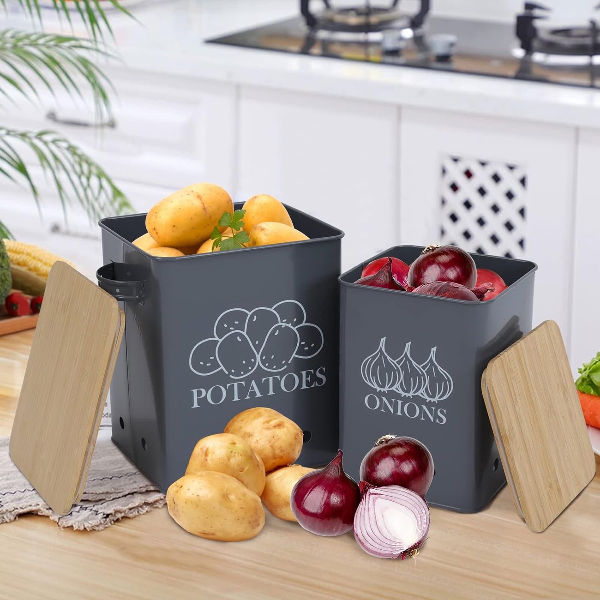 Pethiy Kitchen Vegetable Storage Tins Set of 2 for Potatoes, Onion, Garlic Bin Caddy with Aerating Tin Storage Holes & Wood Lid,7.4L+4.5L,Gray