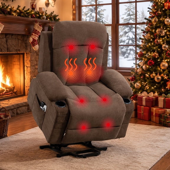 DELMANGO Power Lift Recliner Chair for Elderly, Electric Oversized Reclining Sofa with Vibration Massage & Heat, Cup Holder and USB Charging Port for Living Room, Brown