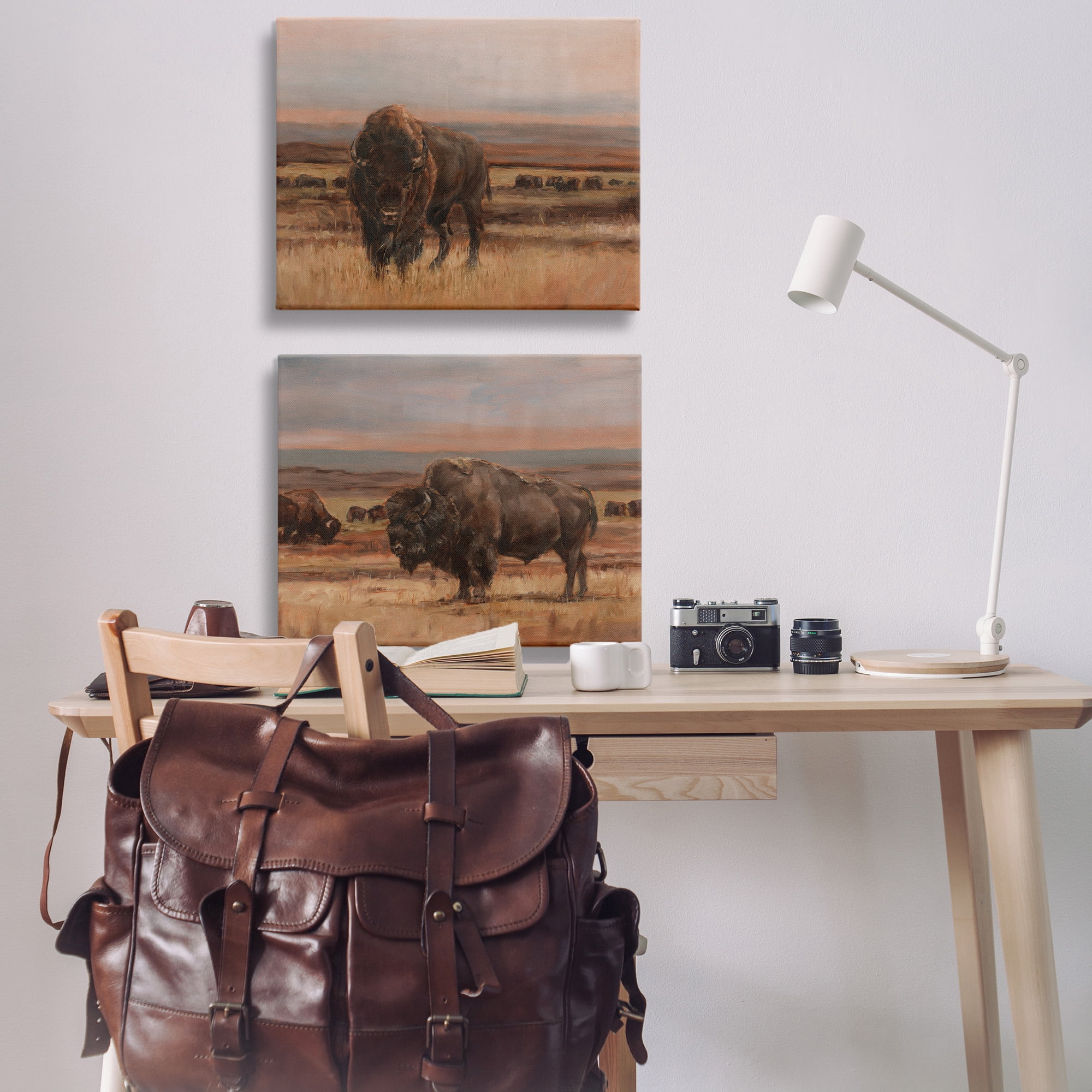 Stupell Industries Scattered Bison & Farmland Animals & Insects Painting Gallery Wrapped Canvas Art Print Wall Art, 30 x 24, Set of 2