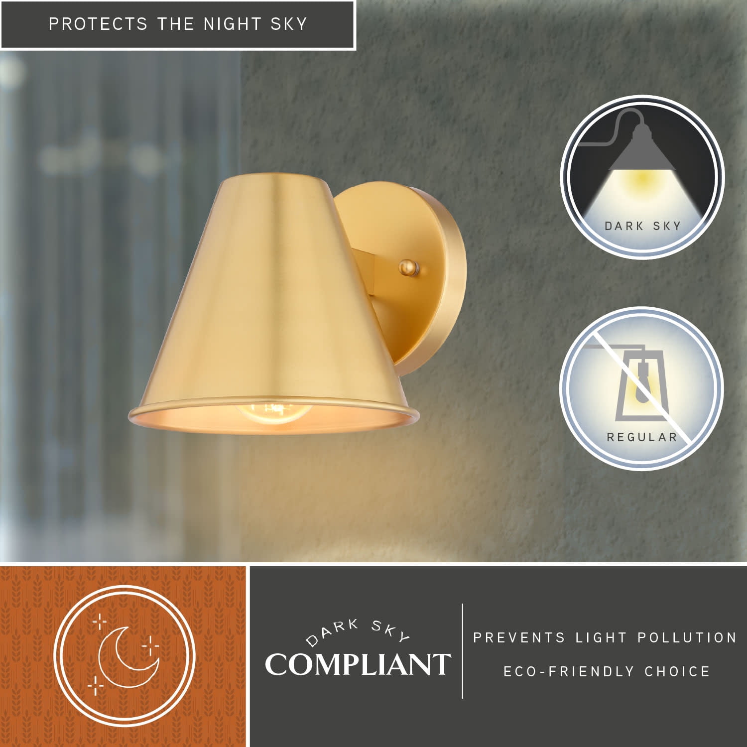 Smith 6.25 in. H 1-Light Gold Brass Modern Contemporary Indoor-Outdoor Wall Sconce with Metal Cone Shade, LED Compatible, Dark Sky Compliant, Use for Exterior Porch Patio Front Door or Garage