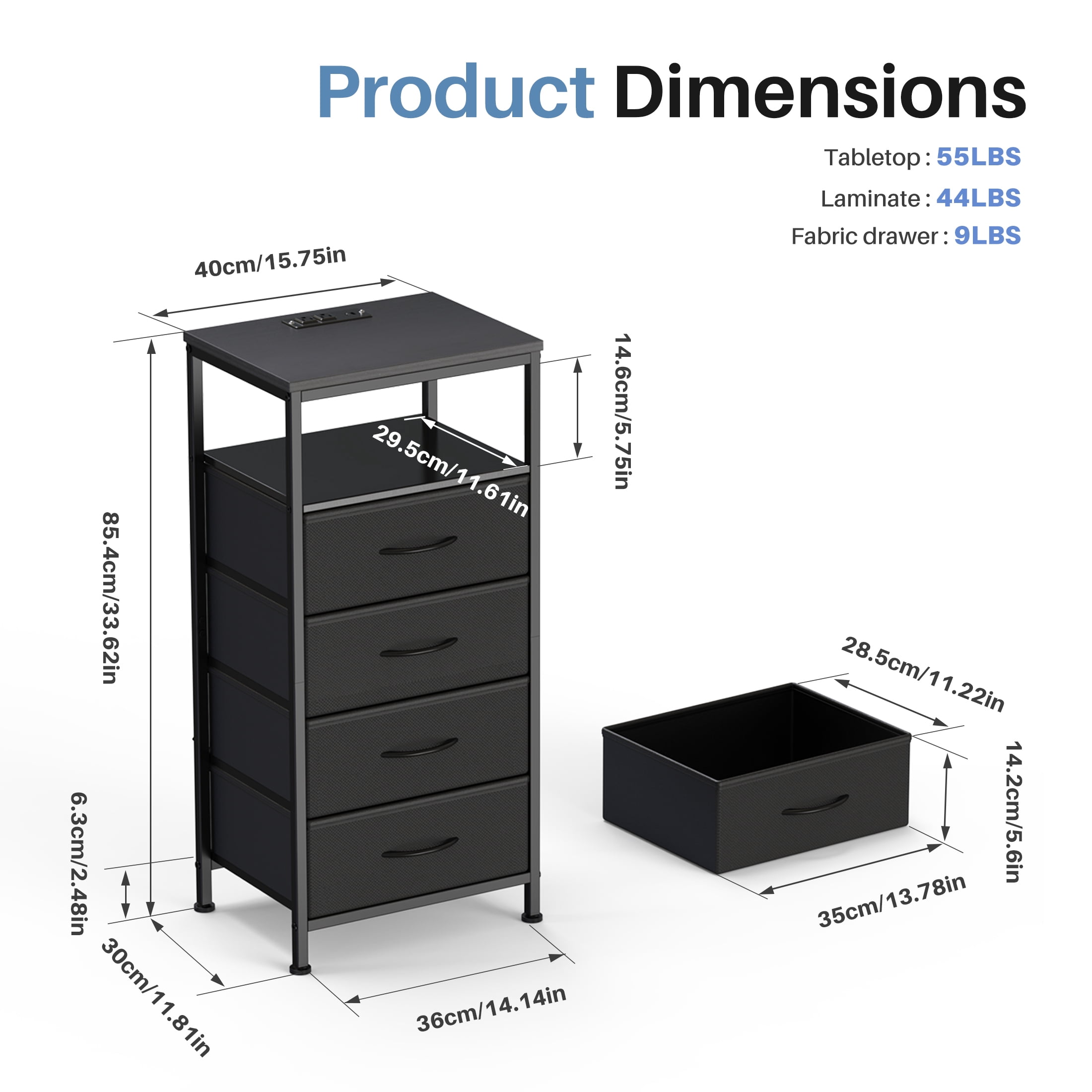 CONCETTA 4 Fabric Drawers Nightstand with Charging Station, USB/Type-C Ports, Adjustable Feet, Bedroom, Black