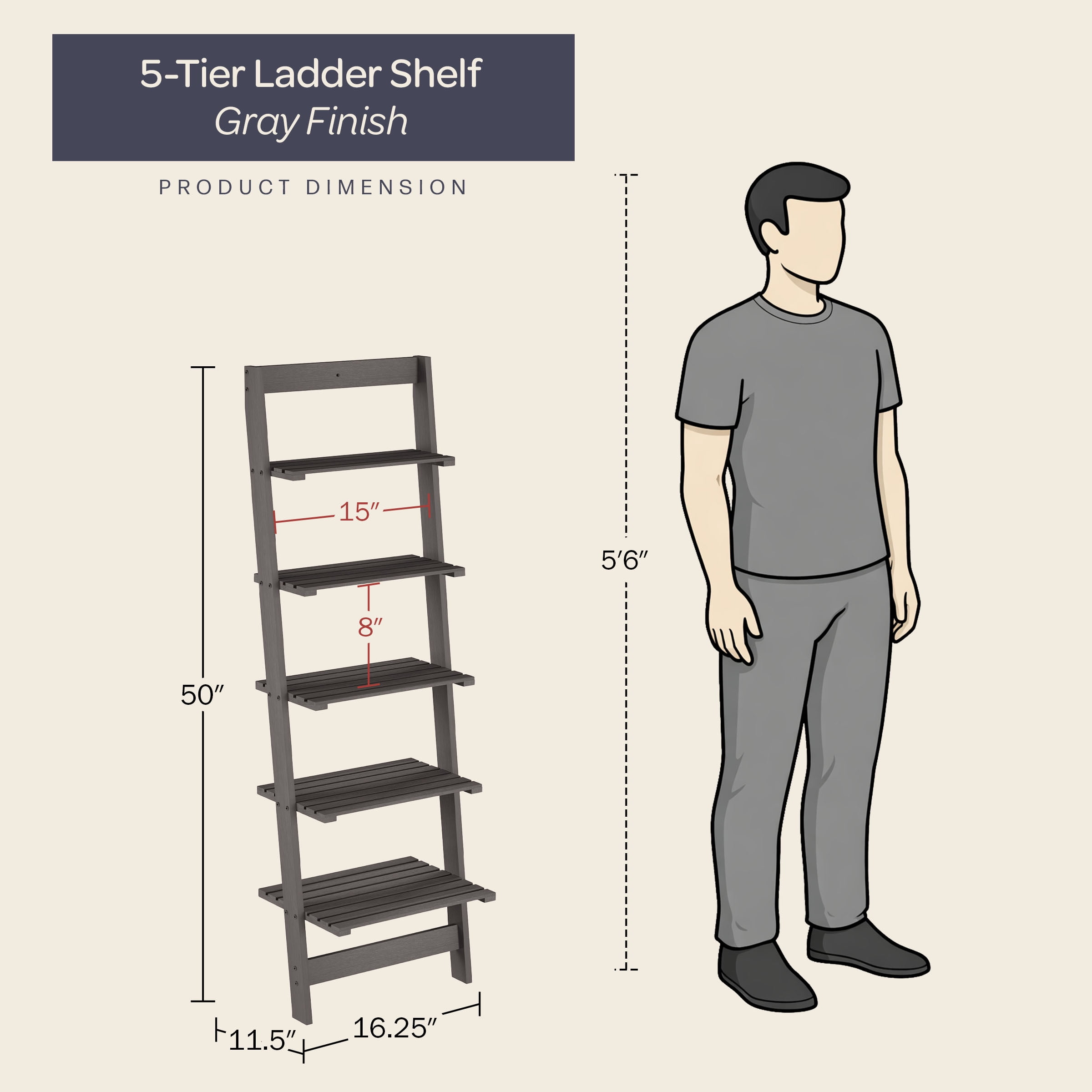 Lavish Home 5-Tier Slatted Wood Leaning Ladder Shelf for Narrow Storage, Wooden Bookcase for Living Room, Bathroom, Kitchen, Office or Bedroom, Gray Finish
