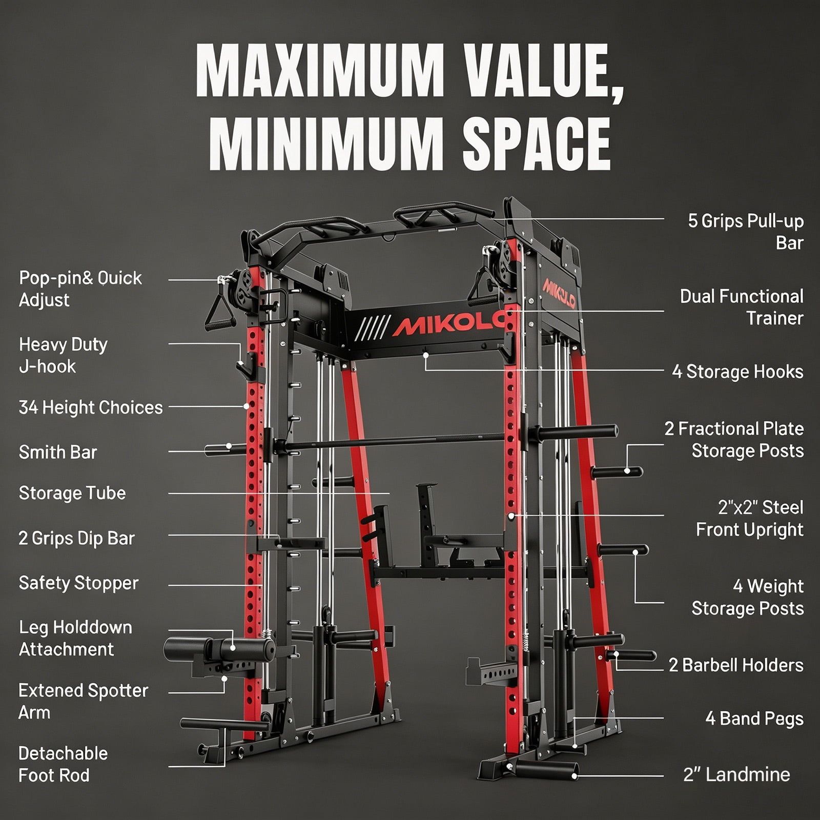 Mikolo M11 Smith Machine, All-in-One Power Rack Cage with Adjustable Cable Crossover, Vertical Leg Press and Smith Bar with 1500 lbs Capacity Barbell Combo