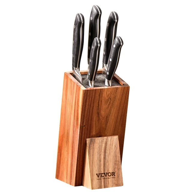 VEVOR Universal Knife Holder, Acacia Wood Knife Block Without Knives, Extra Large Knife Storage Holder Stand with PP Brush, Multifunctional Wooden Knife Organizer, Knife Rack for Kitchen Counter