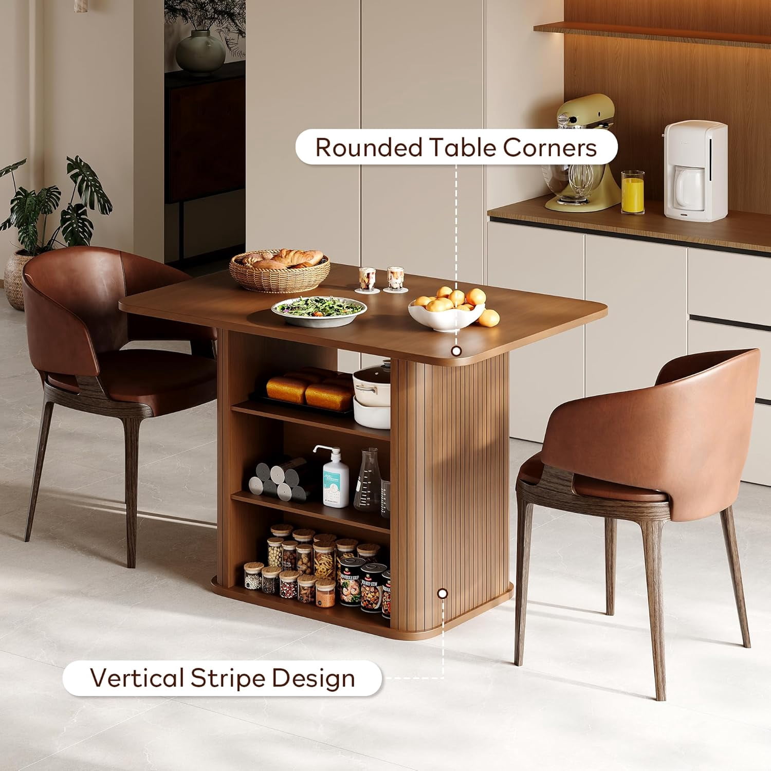 LAZZO 43.3" Dining Table for 4 People, Small Rectangular Kitchen Table with 3-Tier Storage Shelf, Walnut