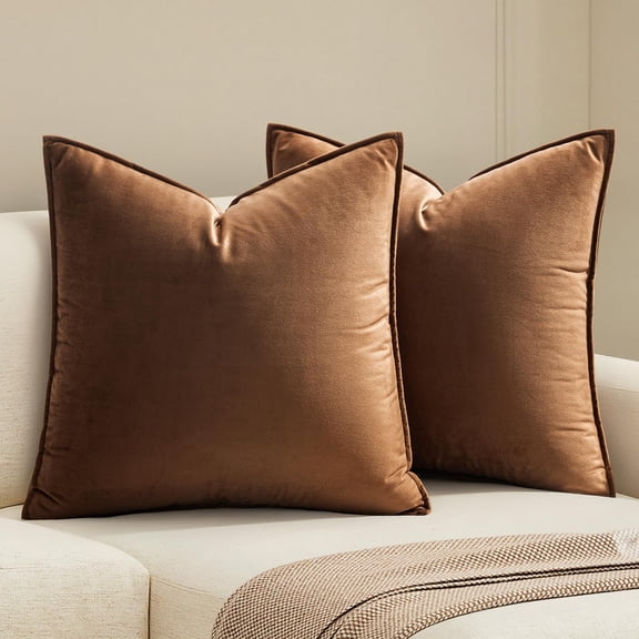 Pack of 2 Brown Decorative Velvet Throw Pillow Cover Soft Soild Square Cushion Case for Sofa Bedroom Car 18x 18 Inch 45x 45cm