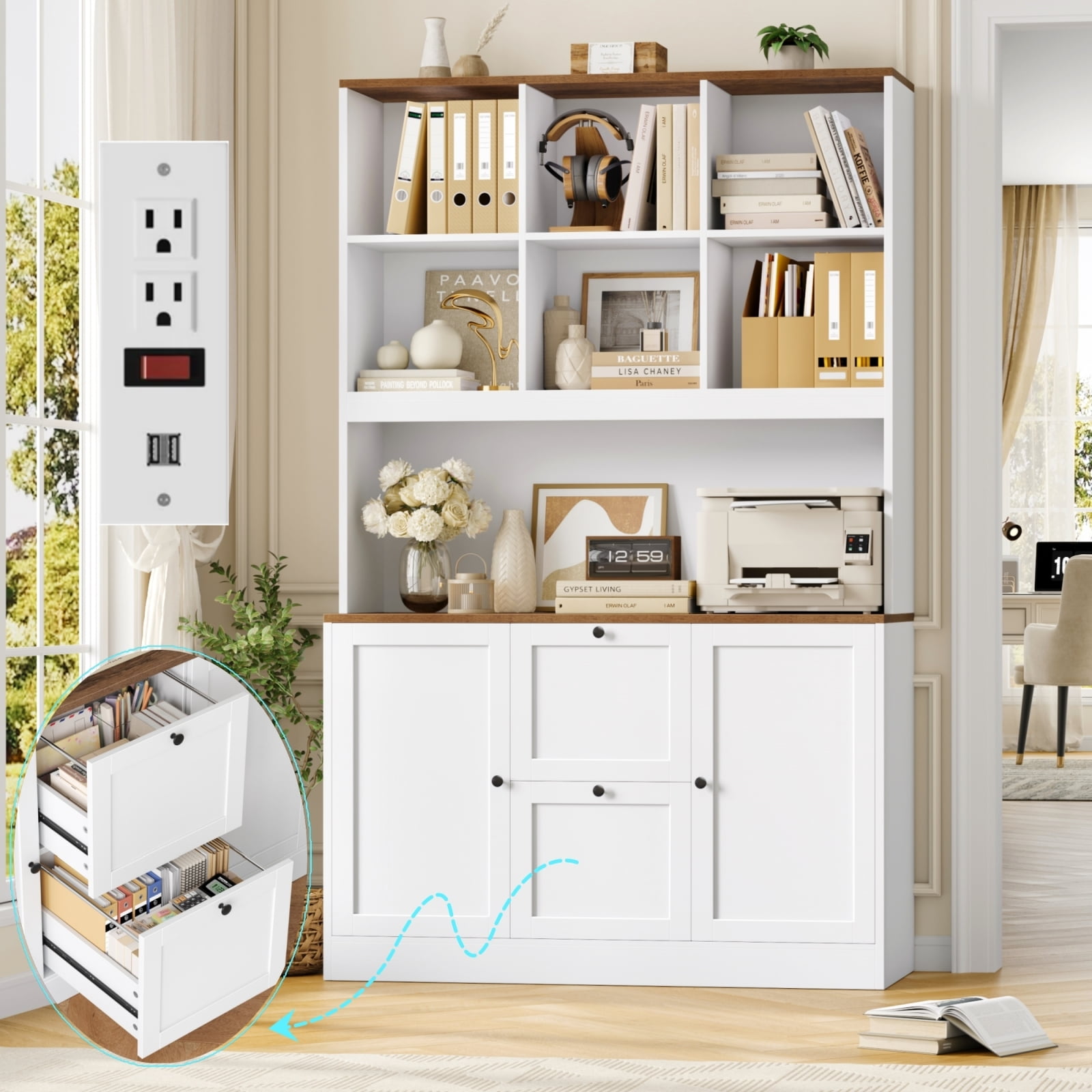 Homfa 71″ 6 Cubes Bookcases with 2 Storage Drawers and Charge Station, 3 Tier Bookshelf with Adjustable File Storage Cabinet for Living Room Home Office, White