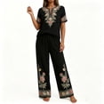 thumbnail image 6 of Floleo Women Boho Two Piece Outfit V Neck 3/4 Sleeve Floral Print Top Wide Leg Pants Vacation Matching Set, 6 of 7