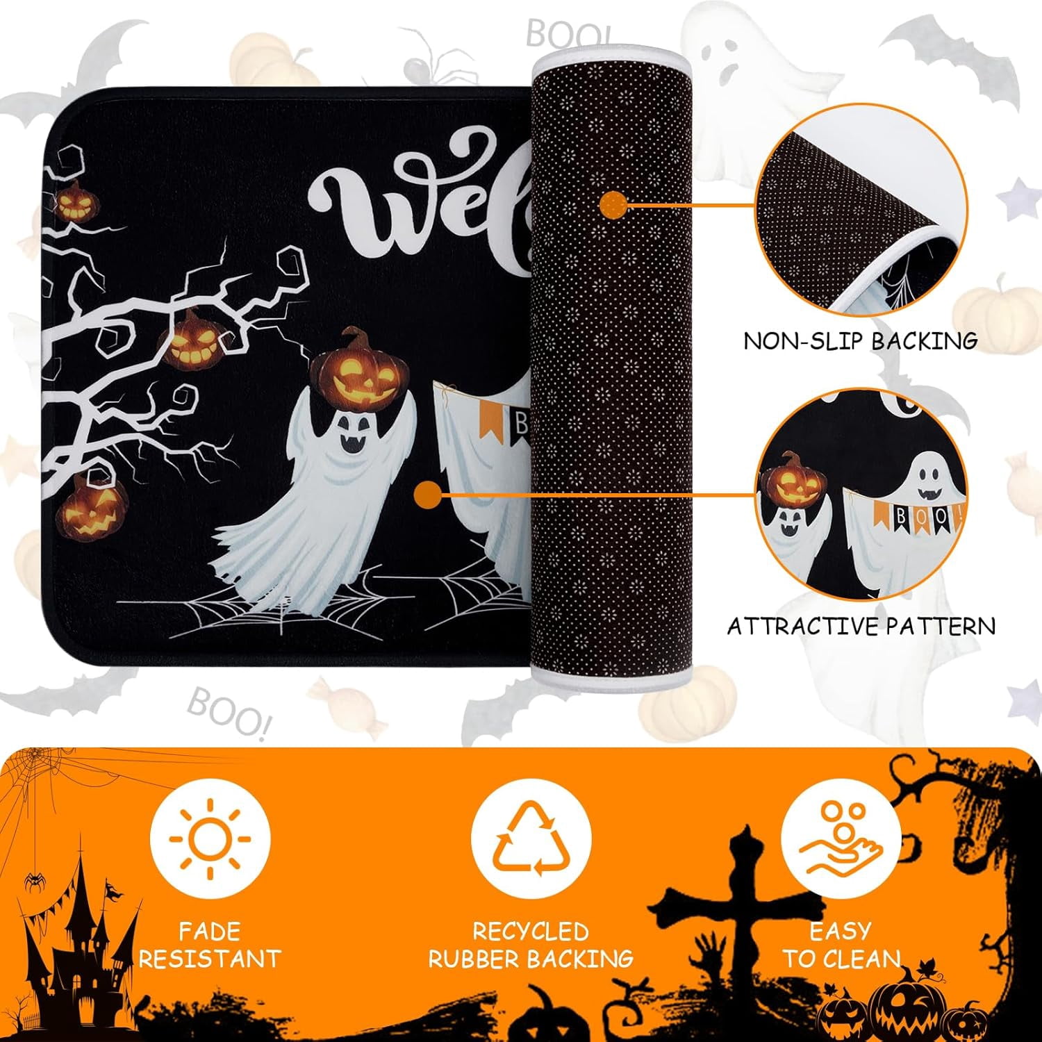 BLEUM CADE Halloween Doormat Outdoor,Ghost Welcome Door Mat Outside Entrance,Non-slip Entry Rug,18" x 30"