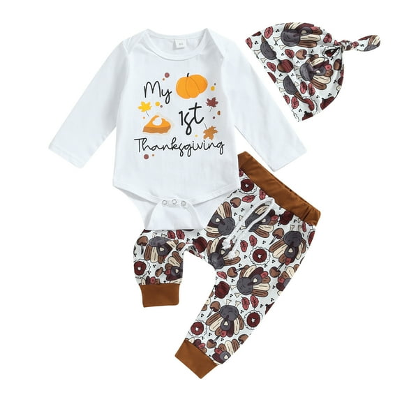 Thanksgiving Baby Girl Boy Outfit 3M 6M 12M 18M My First Thanksgiving Romper Turkey Long Pants Hat 3Pcs Clothes Set 0-18M