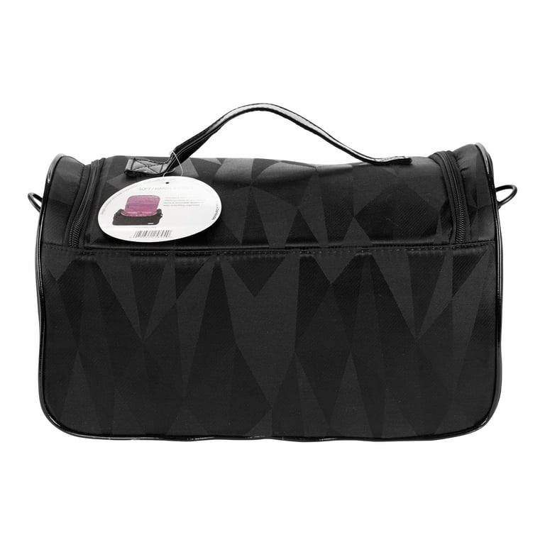 Modella Cosmetic Carryall in Black Pattern Exterior and Hot Pink Polka-Dot  Interior with Zippered Compartments