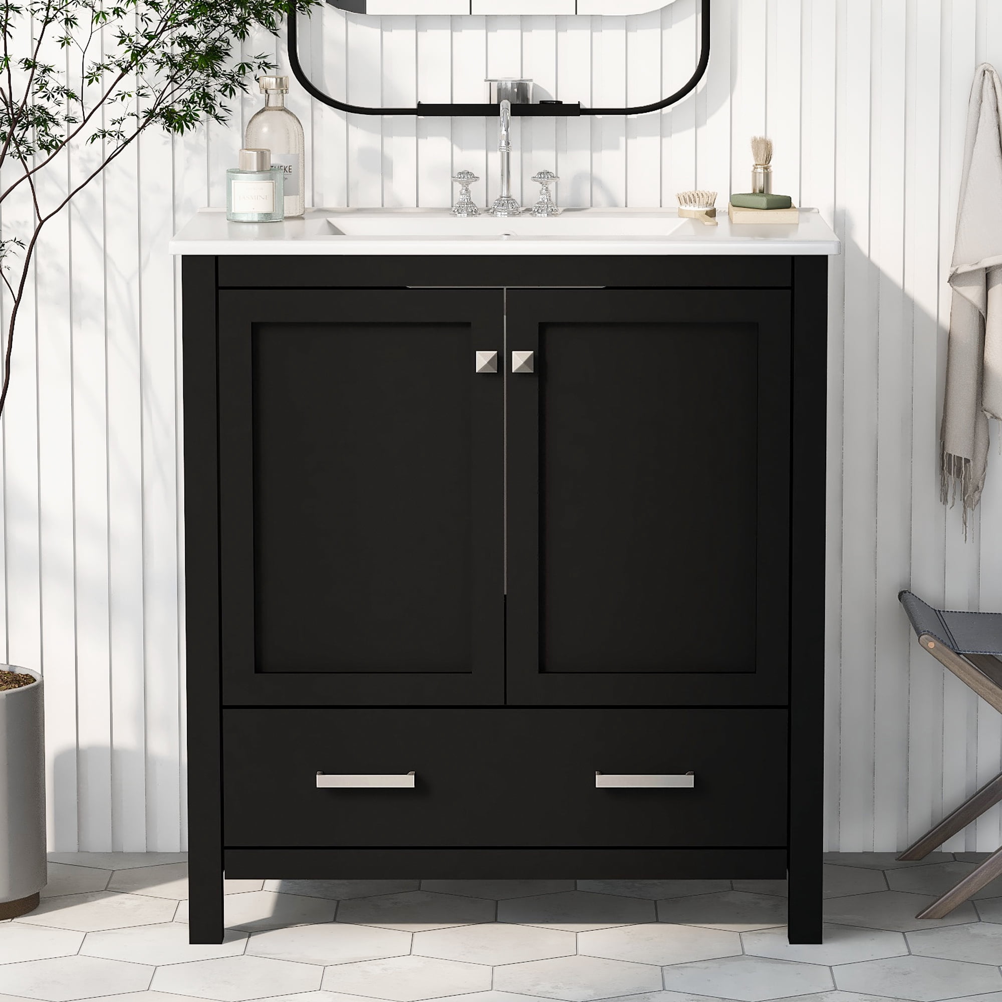 Harper & Bright Designs 30" Bathroom Vanity with Sink Combo, Bathroom Cabinet with Ceramic Top, Multifunctional Storage Doors and Drawer, Black