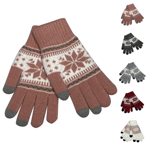 Moocorvic Knit Gloves for Women, Winter Touch Screen Snow Flower Printing Ladies Gloves for Cold Weather,Pink